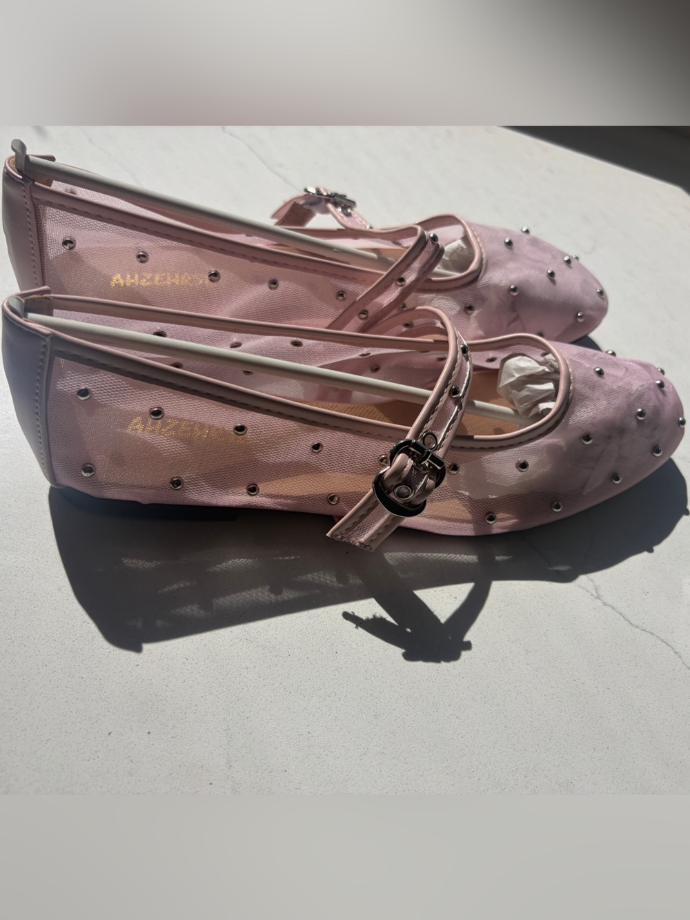 Studded Pink Mary Jane Flats with Buckle Strap